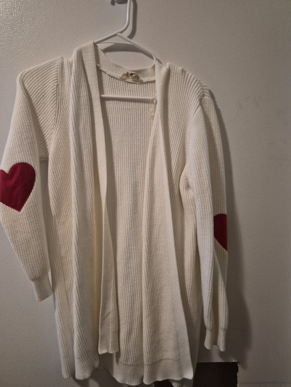 Open-Front Cream Cardigan with Red Heart Elbow Patches